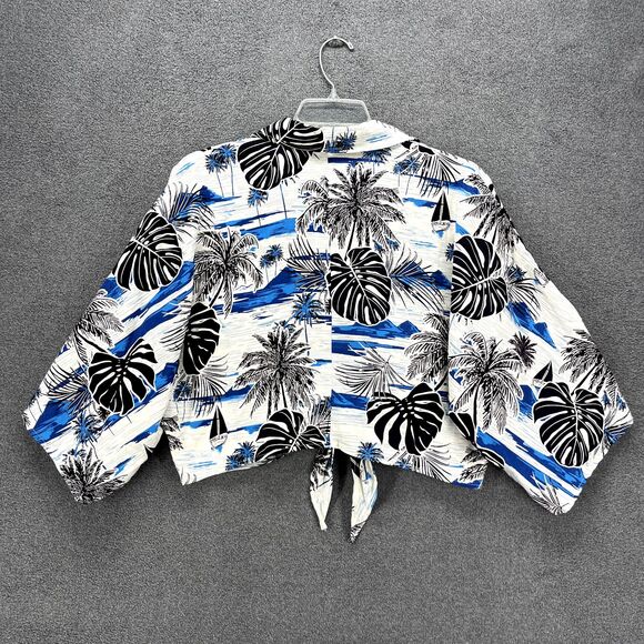 C&C California Top womens Large Blue crop front tie button beach Hawaiian Blouse - Picture 2 of 16